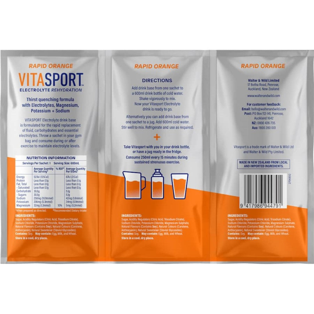 Vitasport Rapid Orange Electrolyte Drink Mix sachets for quick hydration and electrolyte replenishment during workouts.