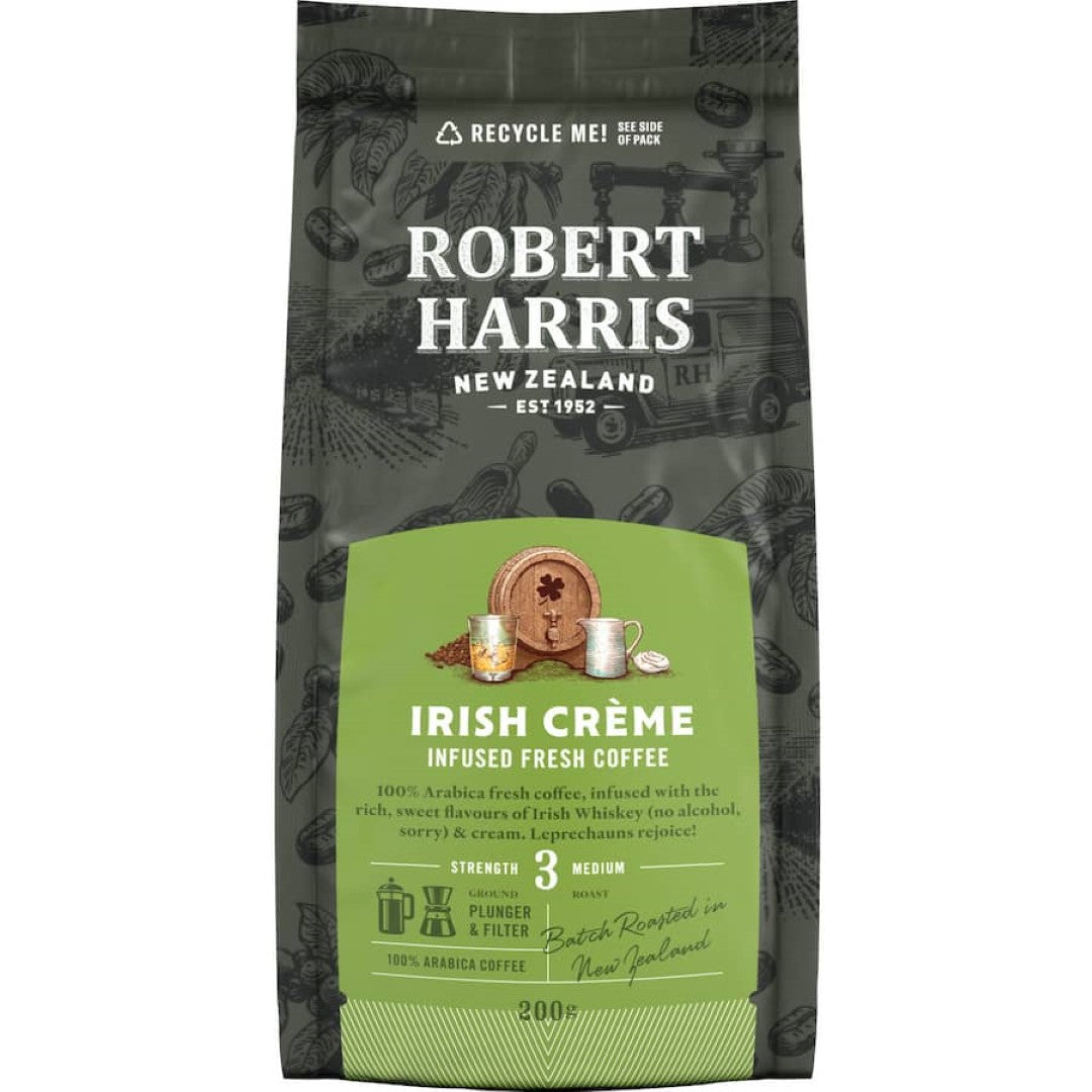 Luxurious Robert Harris coffee blend featuring Brazilian beans infused with Irish whiskey and cream, perfect for plunger and filter machines.