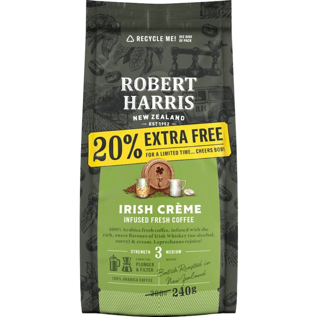 Robert Harris Plunger & Filter Grind Irish Cream Infused coffee, featuring rich Brazilian coffee with smooth Irish whiskey and cream.