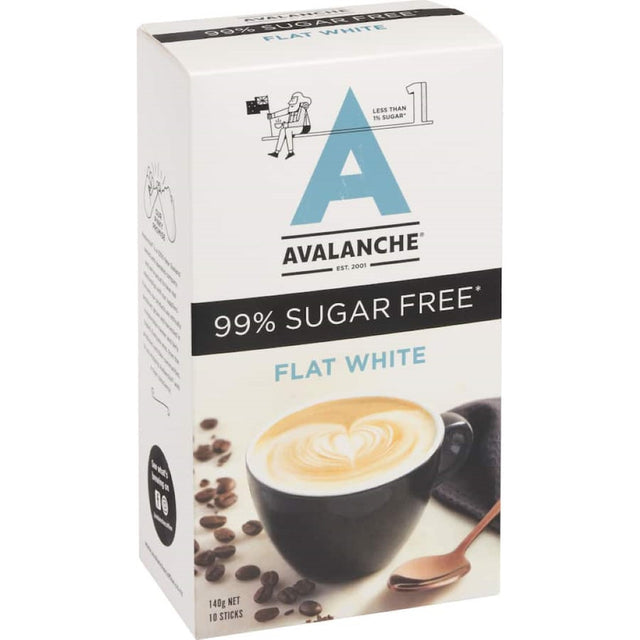 Instant flat white coffee mix in a 140g pouch, 99% sugar-free, rich and creamy flavor for guilt-free indulgence.