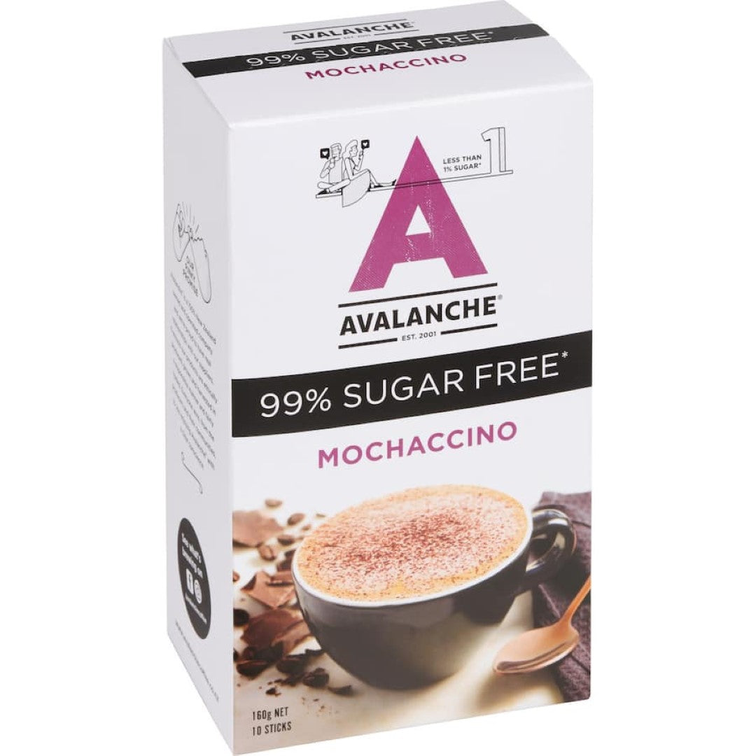 Avalanche 99% Sugar Free Coffee Mix Mochaccino 160g in a pouch, offering rich mocha flavor and guilt-free indulgence.