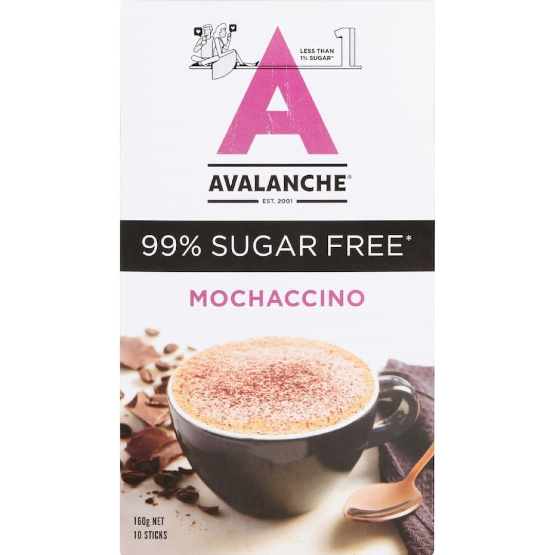 Avalanche 99% Sugar Free Mochaccino 160g pouch, rich chocolate flavor, guilt-free coffee mix for health-conscious individuals.