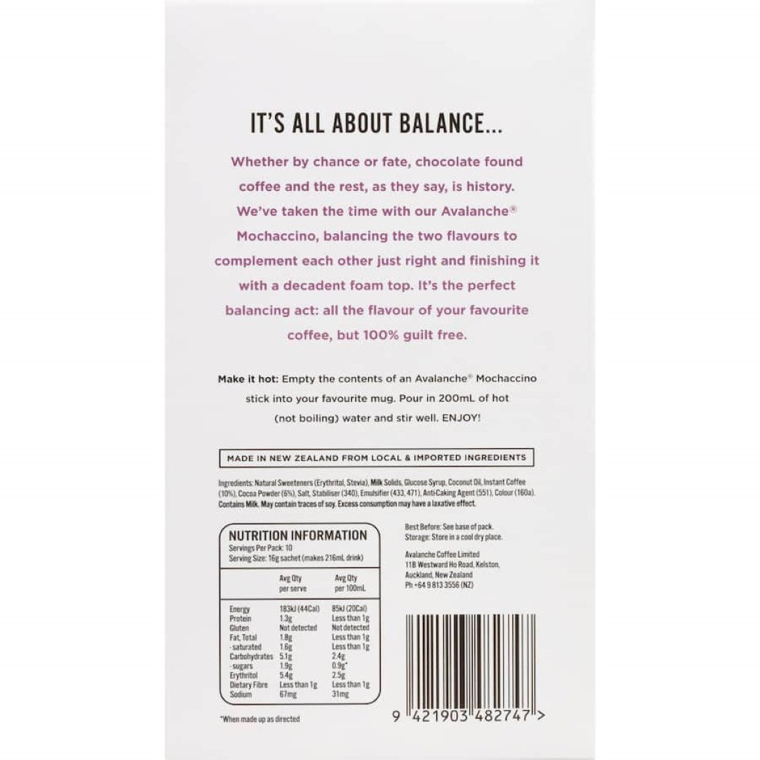 Avalanche 99% Sugar Free Coffee Mix Mochaccino 160g, a creamy, mocha-flavored coffee blend, perfect for guilt-free indulgence.