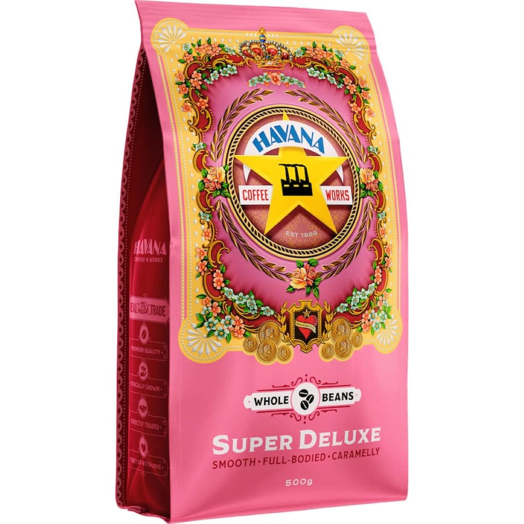 Premium Havana Coffee Beans Super Deluxe in a 500g bag, featuring rich caramel and mocha flavors for a velvety coffee experience.