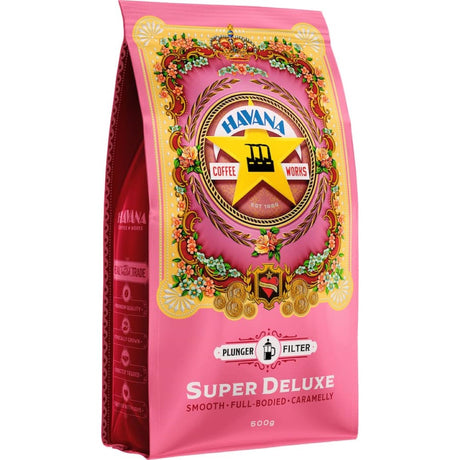 Havana Plunger Super Deluxe coffee pack, 500g, features bold flavors with caramel and mocha notes, perfect for sharing and indulging.