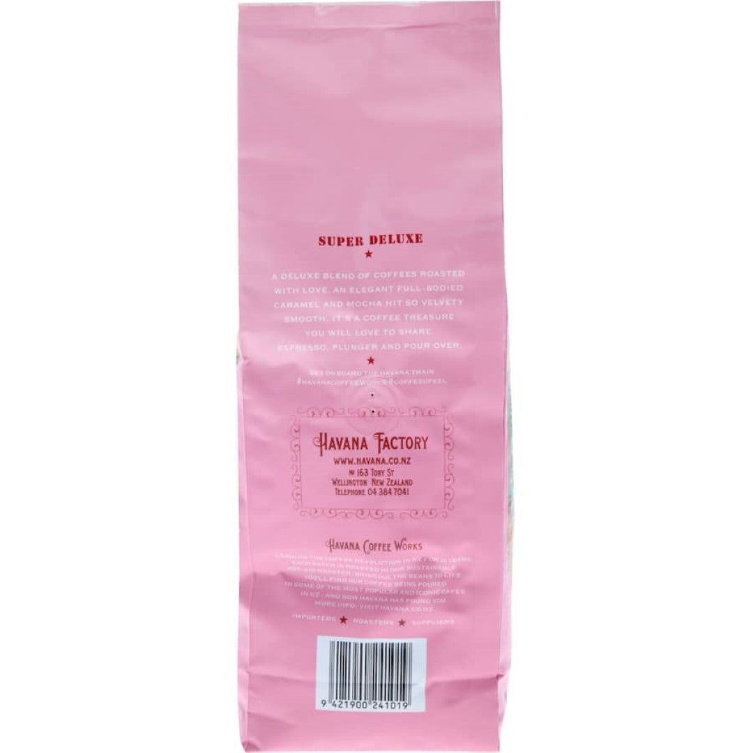 A 500g pack of Havana Plunger Super Deluxe coffee, featuring rich caramel, mocha, and biscuity notes for coffee lovers.