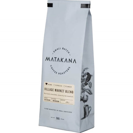 Matakana Coffee Roasters Village Market Blend features rich Arabica beans with caramel, chocolate, and fruity acidity notes.