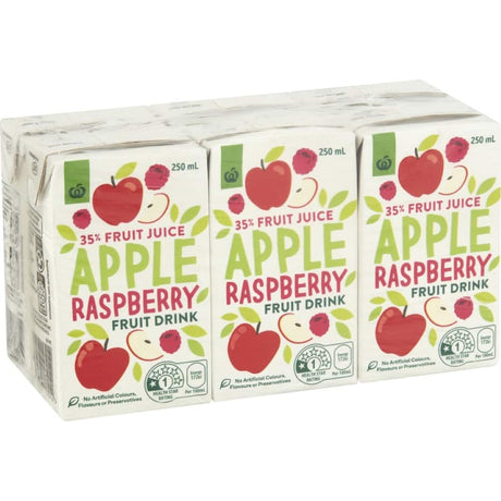 Woolworths Fruit Drink Apple Raspberry in 250ml tetra packs, featuring a refreshing blend of real apple and raspberry juice.