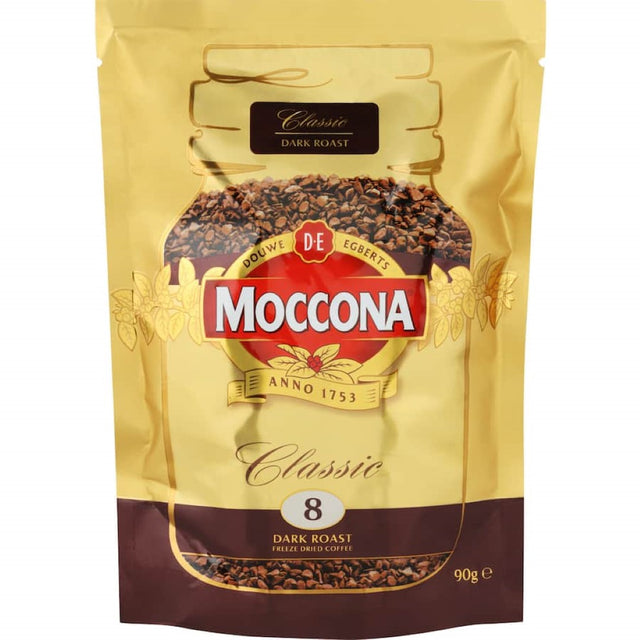 Moccona Classic Instant Freeze Dried Coffee Dark Roast 90g pouch featuring bold flavors and rich aroma for coffee enthusiasts.