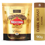 Moccona Classic Instant Freeze Dried Coffee Dark Roast in a 90g pouch, offering bold flavor and rich aroma for coffee lovers.