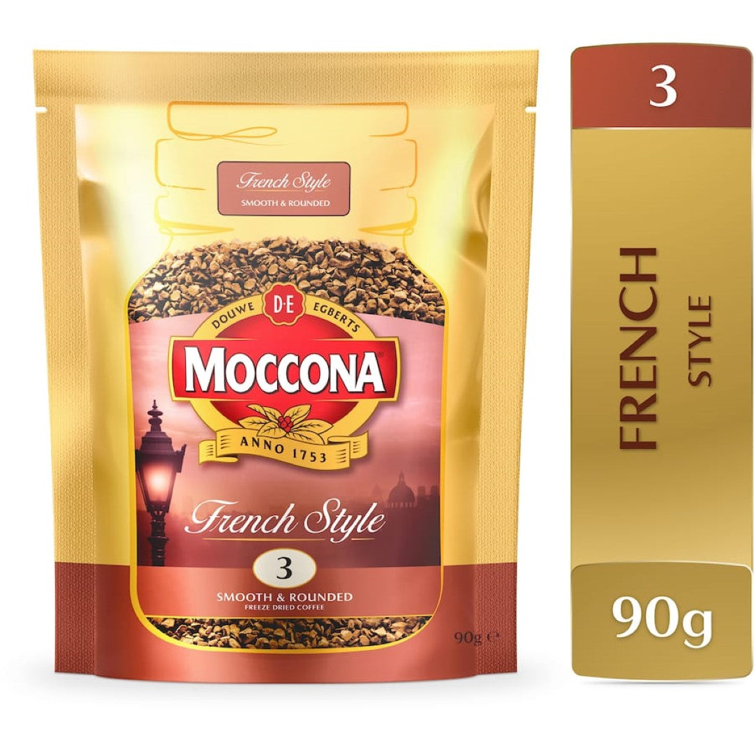 Moccona French Style Instant Coffee in a 90g pouch, offering smooth flavors and a mild, silky aroma for coffee lovers.