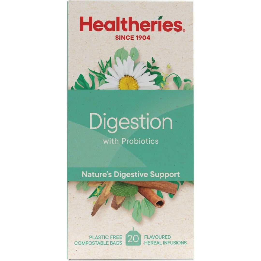 Healtheries Herbal Tea Digestion with Probiotics features peppermint, ginger, and chamomile for gut health and comfort.