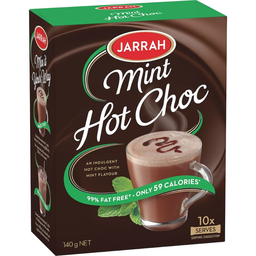 A cup of Jarrah Hot Chocolate Choc Mint showcasing rich chocolate and refreshing mint flavors, 99% fat-free and low-calorie.