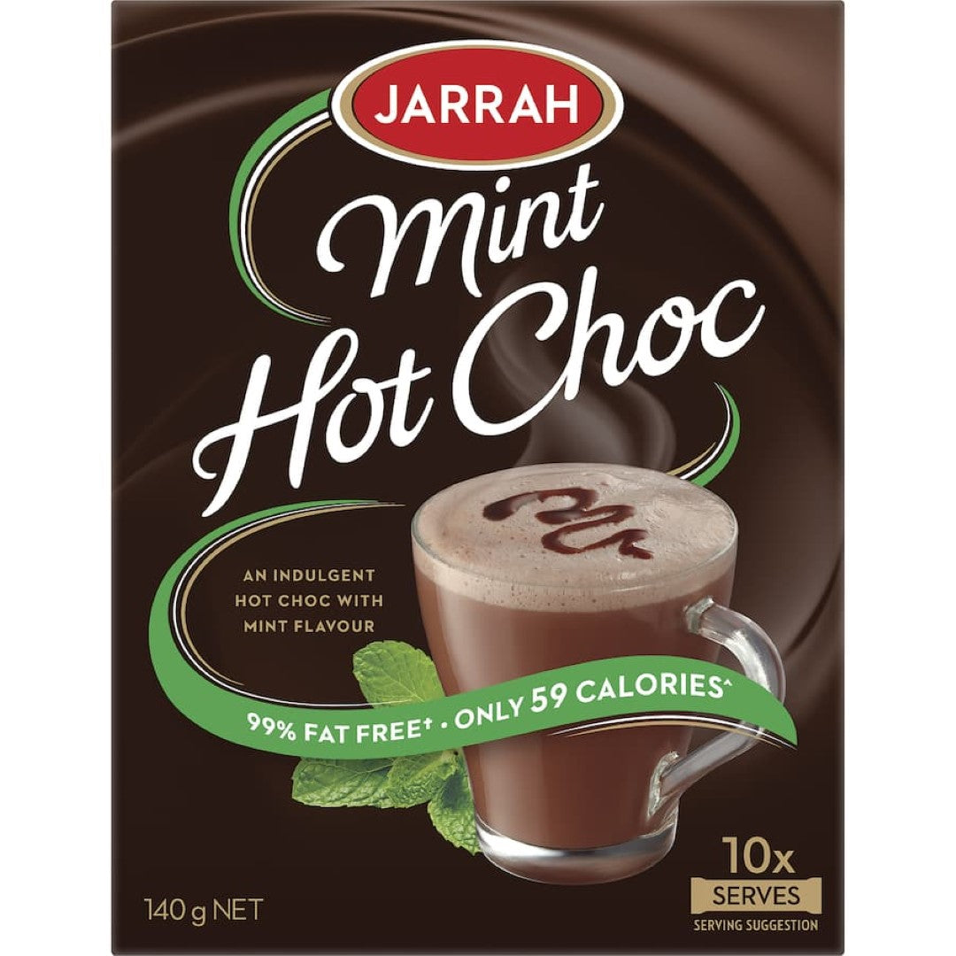 Jarrah Hot Chocolate Choc Mint mix, rich chocolate with a refreshing mint flavor, 99% fat-free and only 59 calories.