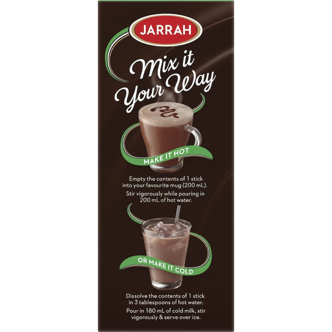 A rich and velvety Jarrah Hot Chocolate Choc Mint mix, 99% fat-free with a refreshing mint flavor, perfect for cozy moments.