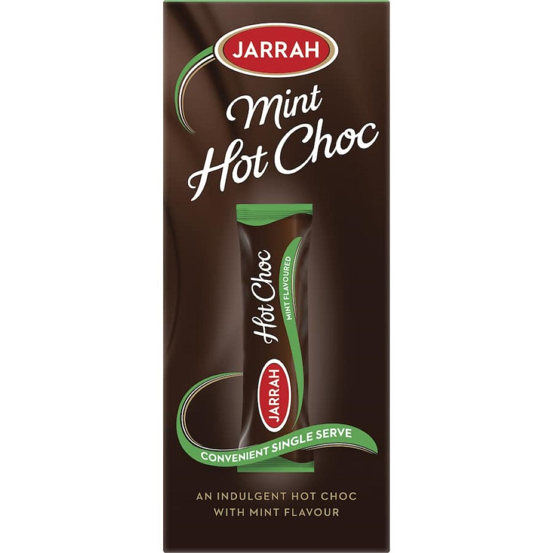 Jarrah Hot Chocolate Choc Mint mix, featuring rich chocolate and refreshing mint, 99% fat-free and only 59 calories per serving.