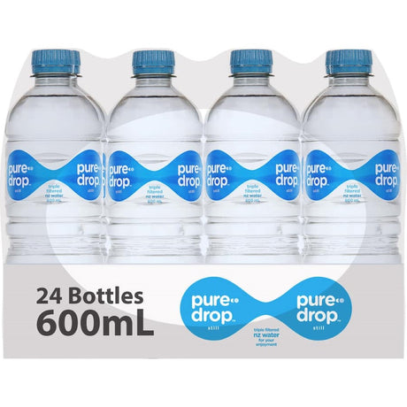 Bottle of Pure Drop Water, triple-filtered still water sourced from New Zealand, ideal for hydration on-the-go.