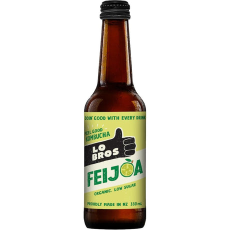 Lo Bros Kombucha Feijoa, a probiotic drink with tangy Feijoa flavor, promoting gut health and immunity in a refreshing brew.