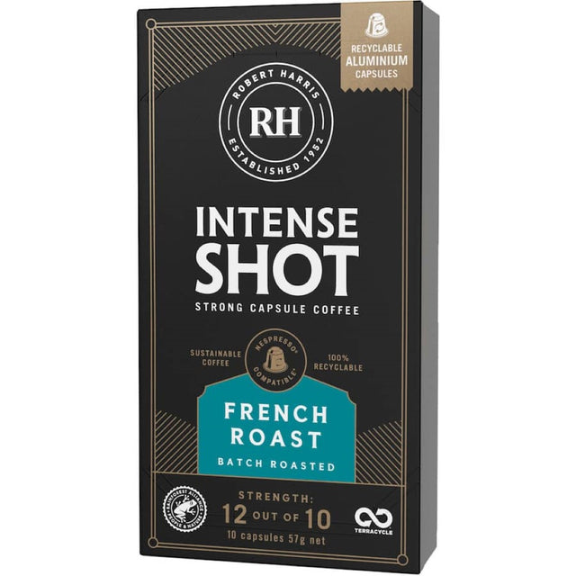 Robert Harris Intense Shot Coffee Pods in French blend, offering rich flavor and convenience for a robust coffee experience.