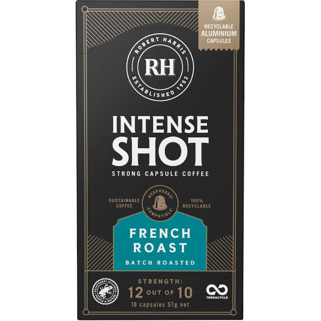 Robert Harris Intense Shot Coffee Pods in French blend, delivering bold flavor and convenience for coffee enthusiasts.