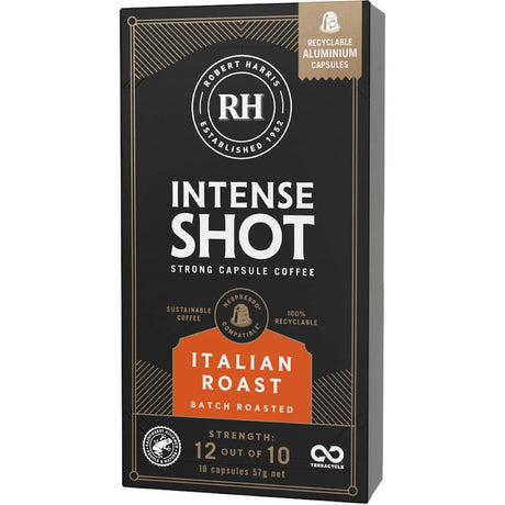 Robert Harris Intense Shot Coffee Pods Italian offer rich, bold espresso flavor, crafted from premium Arabica and Robusta beans.