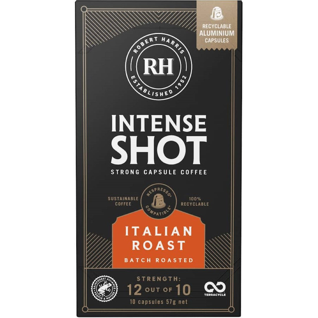 Robert Harris Intense Shot Coffee Pods Italian deliver bold espresso flavor with premium Arabica and Robusta beans for coffee lovers.