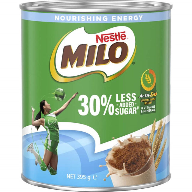 Nestlé Milo Drinking Chocolate with 30% less sugar, enriched with vitamins and minerals, ideal for nutritious, energizing drinks.