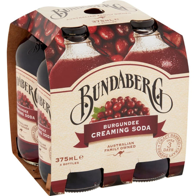 Bundaberg Burgundee Creaming Soda featuring a rich, creamy flavor crafted from red grapes in a nostalgic bottle.