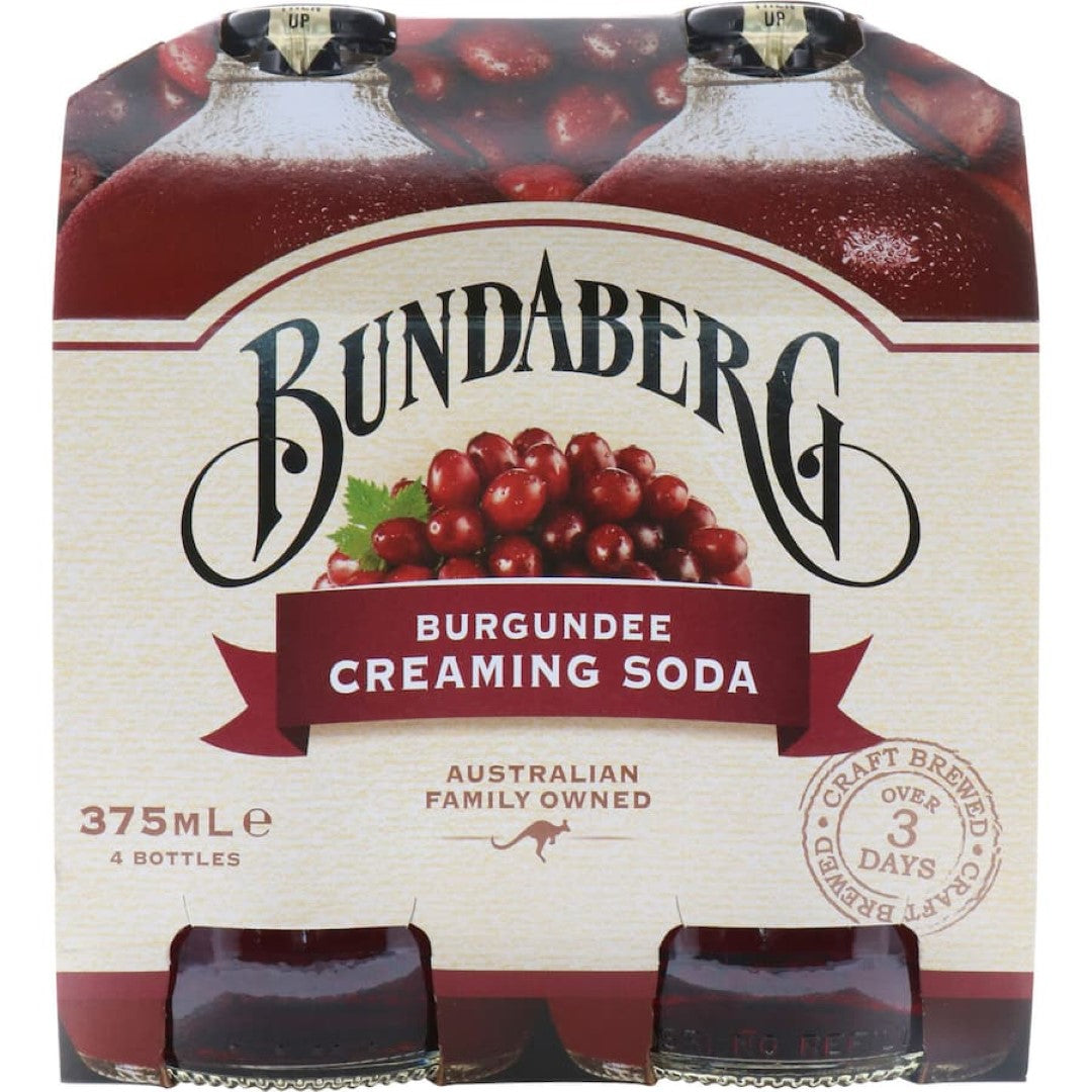 Bundaberg Burgundee Creaming Soda bottle showcasing rich red grape flavor and creamy texture for a nostalgic refreshment.