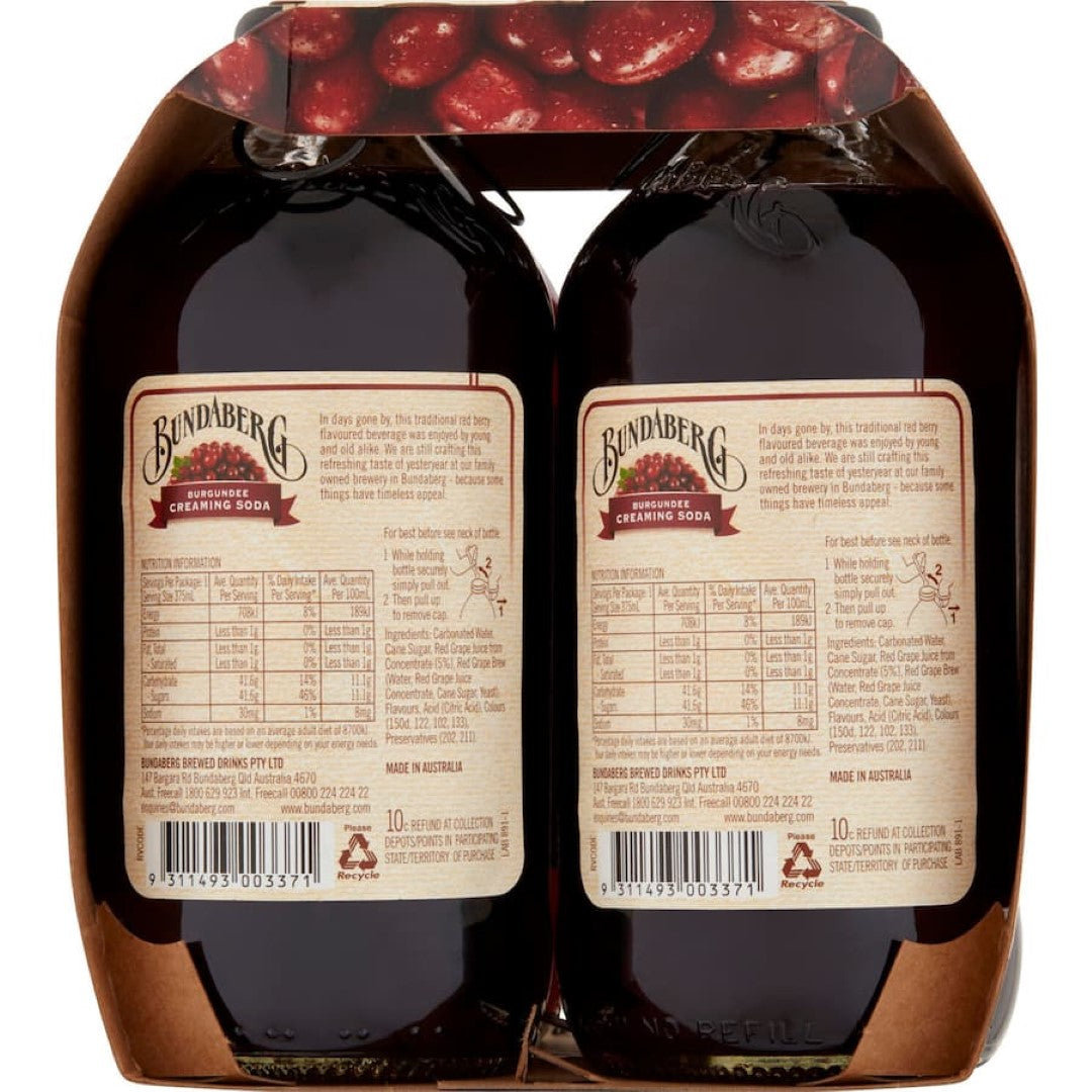 Bundaberg Burgundee Creaming Soda, a creamy, red grape-flavored soft drink crafted over three days for a nostalgic taste.