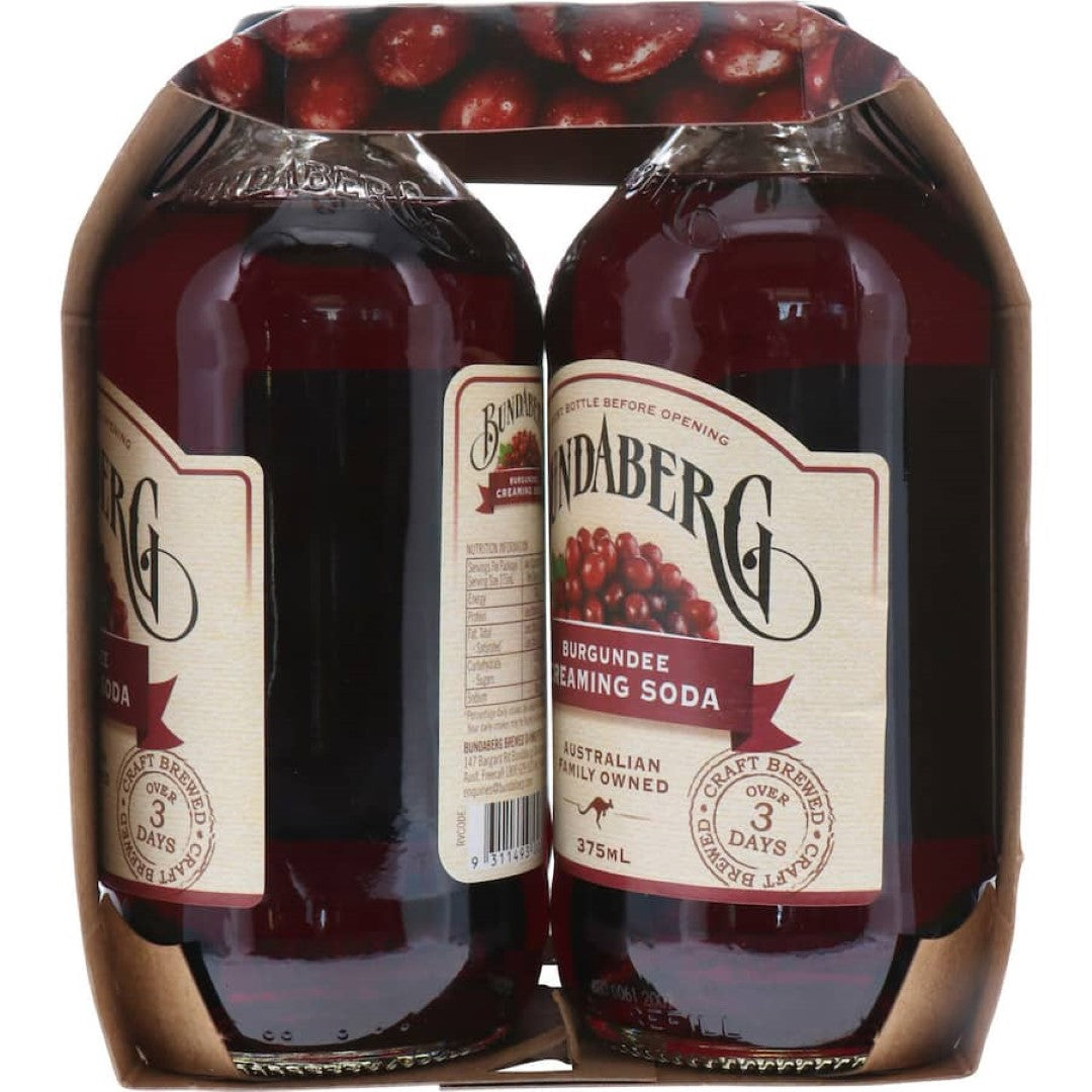 Bundaberg Burgundee Creaming Soda in a bottle, featuring a rich red hue and a nostalgic creamy grape flavor.