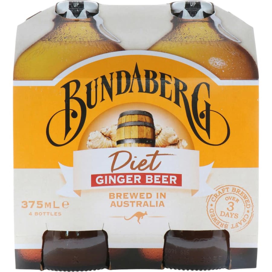 A bottle of Bundaberg Ginger Beer Diet showcasing its traditional brewing with real ginger for a low-calorie refreshment.