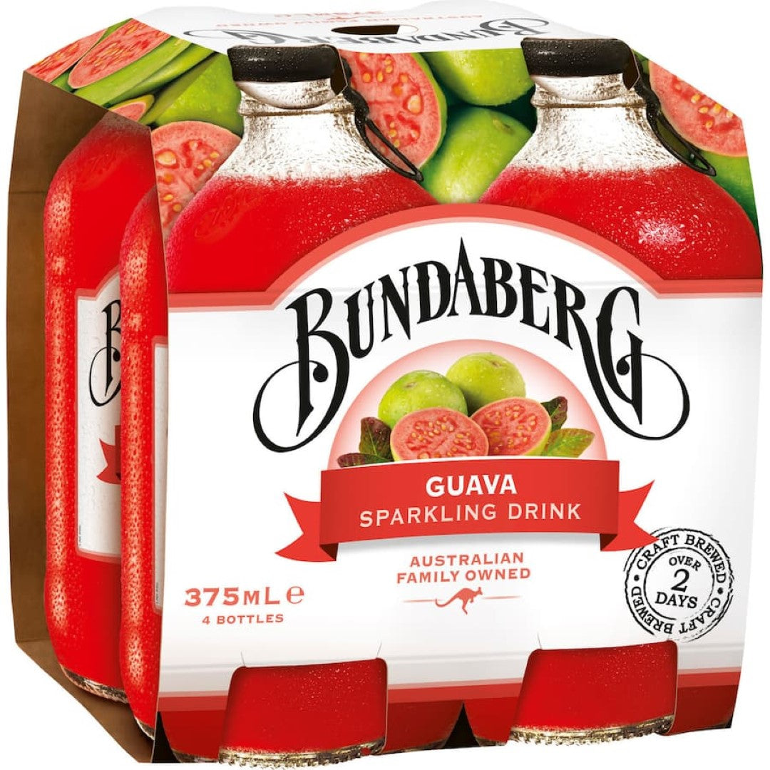 A bottle of Bundaberg Sparkling Guava drink showcasing real guava pieces, emphasizing fruity refreshment and rich aroma.