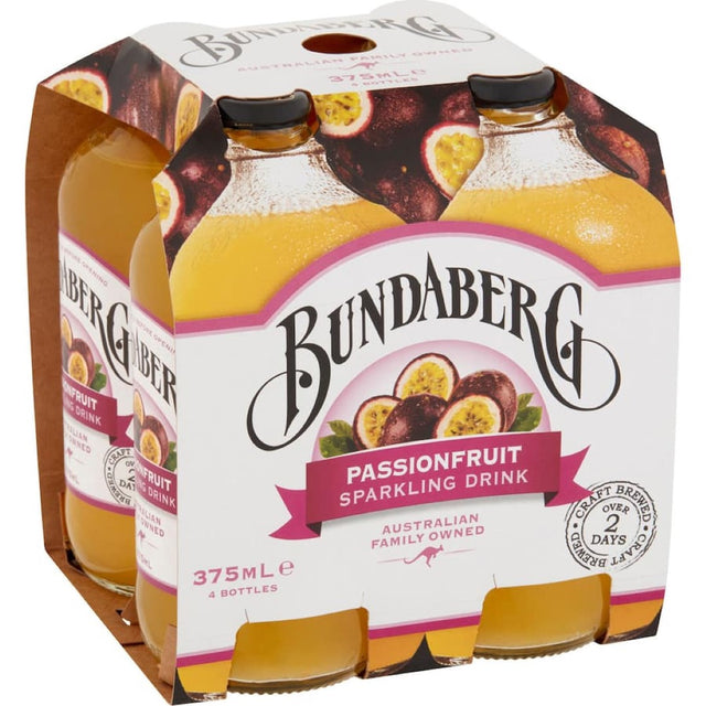 Sparkling passionfruit soft drink from Bundaberg, showcasing real ingredients for an authentic and refreshing flavor.