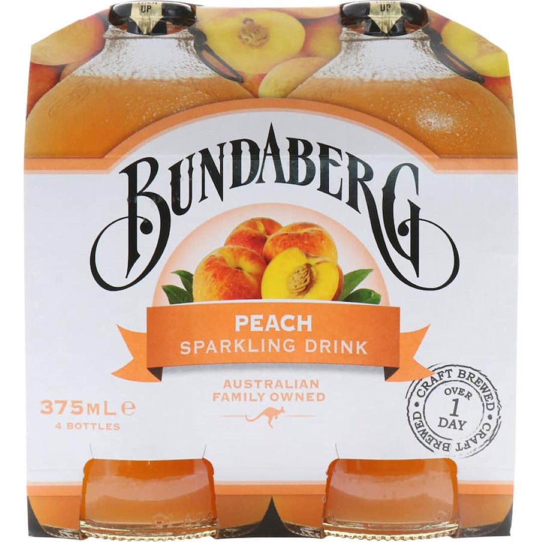 Bundaberg Sparkling Peach soft drink, bursting with real peach flavor and effervescence, perfect for any summer occasion.