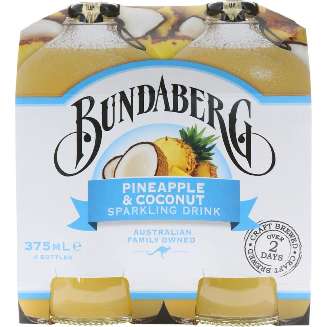 A sparkling drink featuring a refreshing blend of real pineapple and coconut flavors, perfect for a tropical escape.