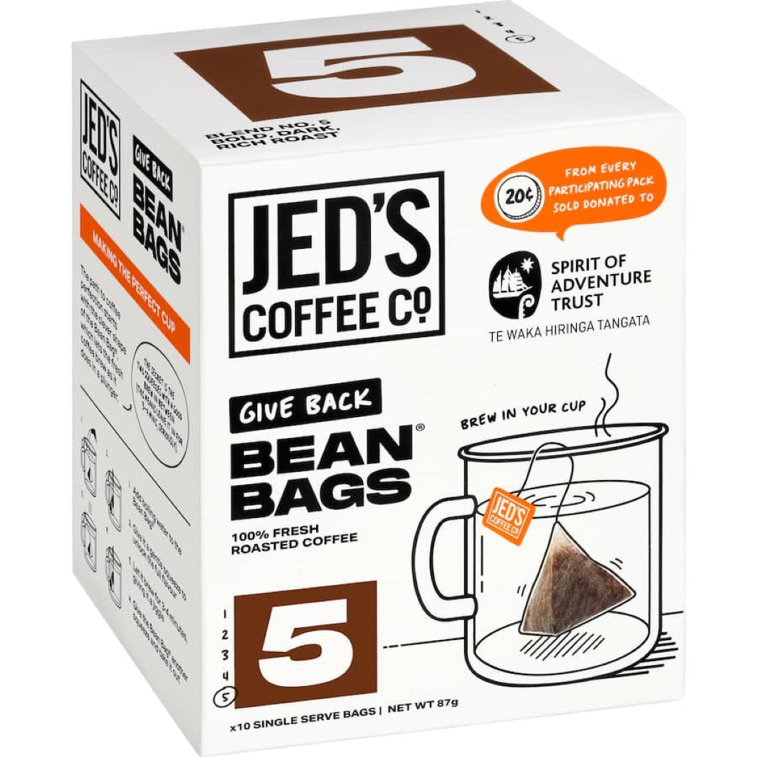 Jed's Coffee Bean Bags #5 Extra Strong - 10 single serve bags of bold, 100% NZ roasted coffee for hassle-free brewing.