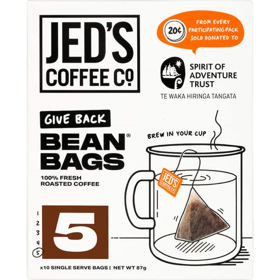 Jed's Coffee Bean Bags #5 Extra Strong: 10 single serve bags of bold NZ roasted coffee, eco-friendly and easy to brew anywhere.