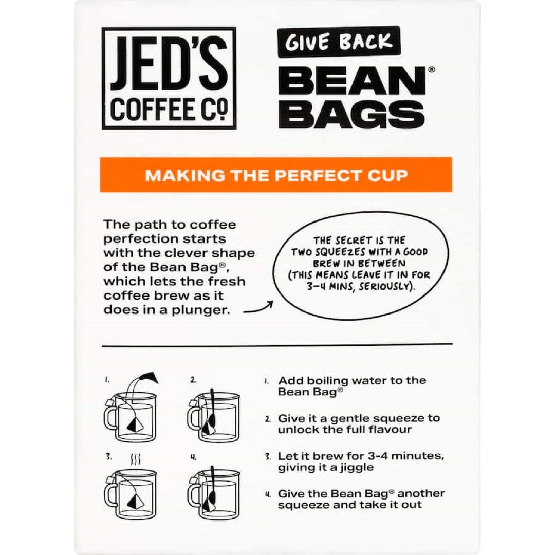 Jed's Coffee Bean Bags #5 Extra Strong: 10 eco-friendly, single-serve bags of bold NZ coffee for a robust brew anywhere.