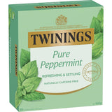 A refreshing cup of Twinings Herbal Tea Pure Peppermint, made from aromatic peppermint leaves for a soothing experience.