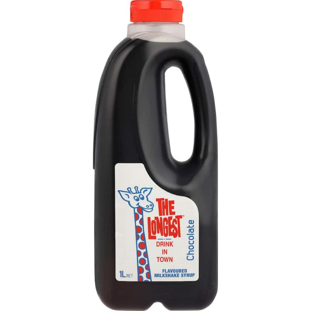 Chocolate milkshake syrup with iconic blue and red giraffe logo, perfect for creating nostalgic Kiwi treats since 1968.