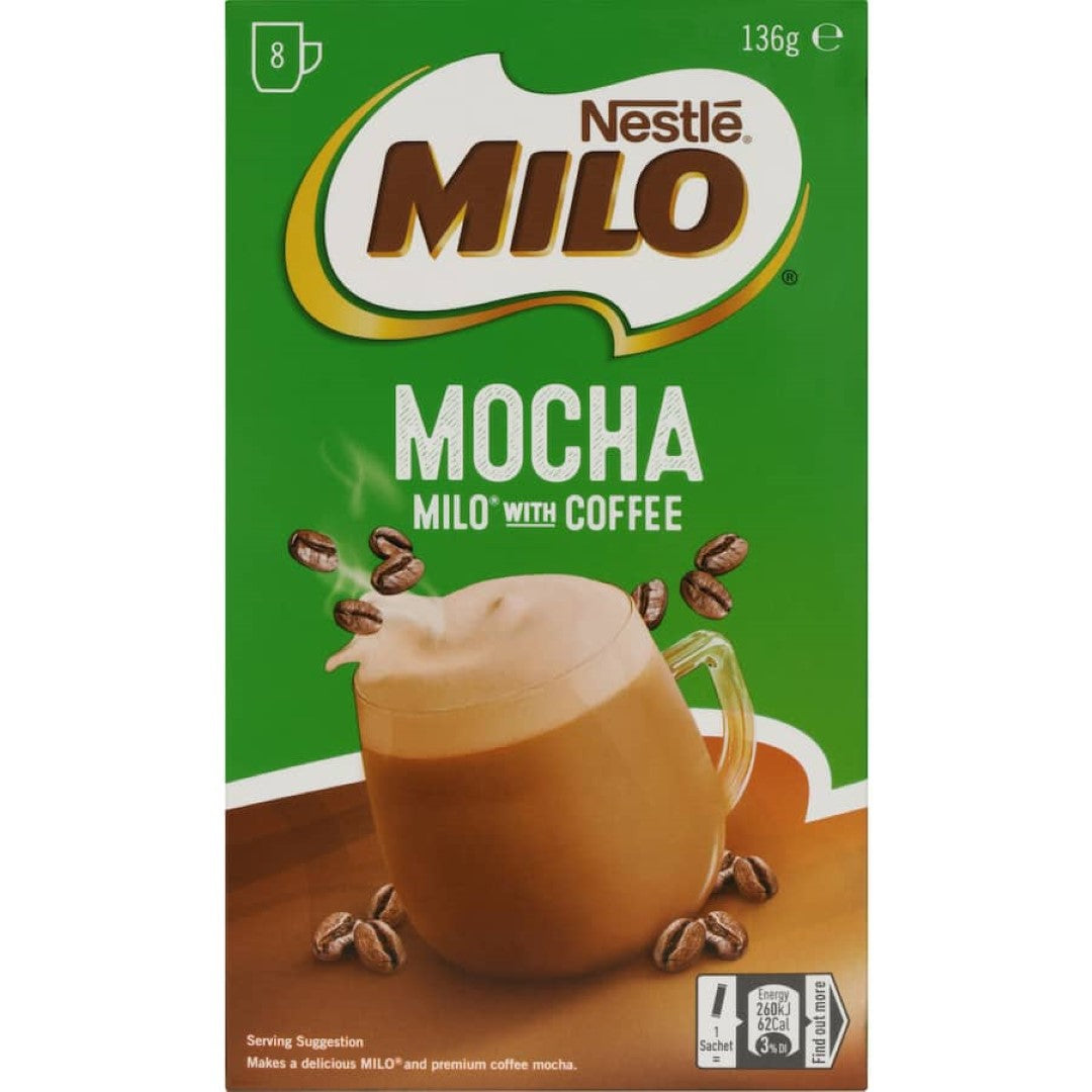 Nestle Mocha Milo combines rich chocolatey Milo with premium coffee for a creamy, indulgent mocha experience in instant sachets.