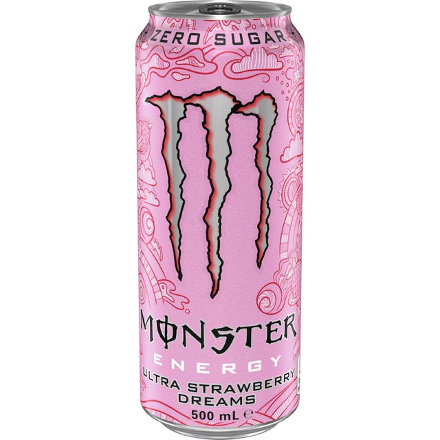 Sugar-free Monster Ultra Energy Drink in Strawberry Dreams flavor, delivering energy and hydration with only 10 calories per can.