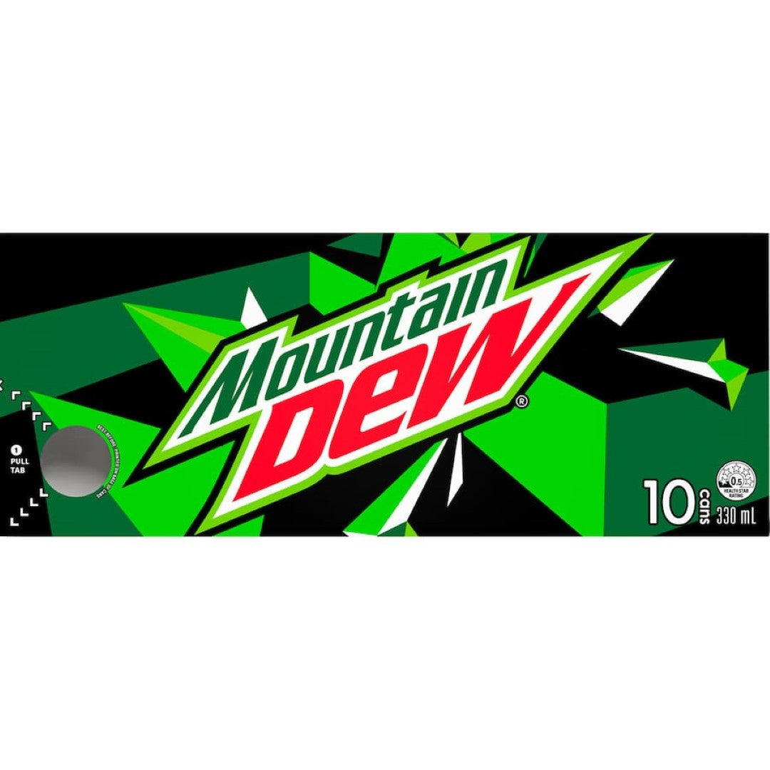 Bright green cans of Mountain Dew soda, offering a zesty citrus flavor and energizing caffeine for ultimate refreshment.