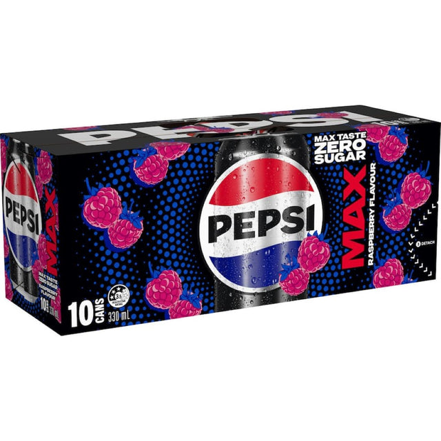 A can of Pepsi Max Soft Drink Raspberry, featuring a vibrant raspberry flavor and refreshing fizz, sugar-free for guilt-free enjoyment.