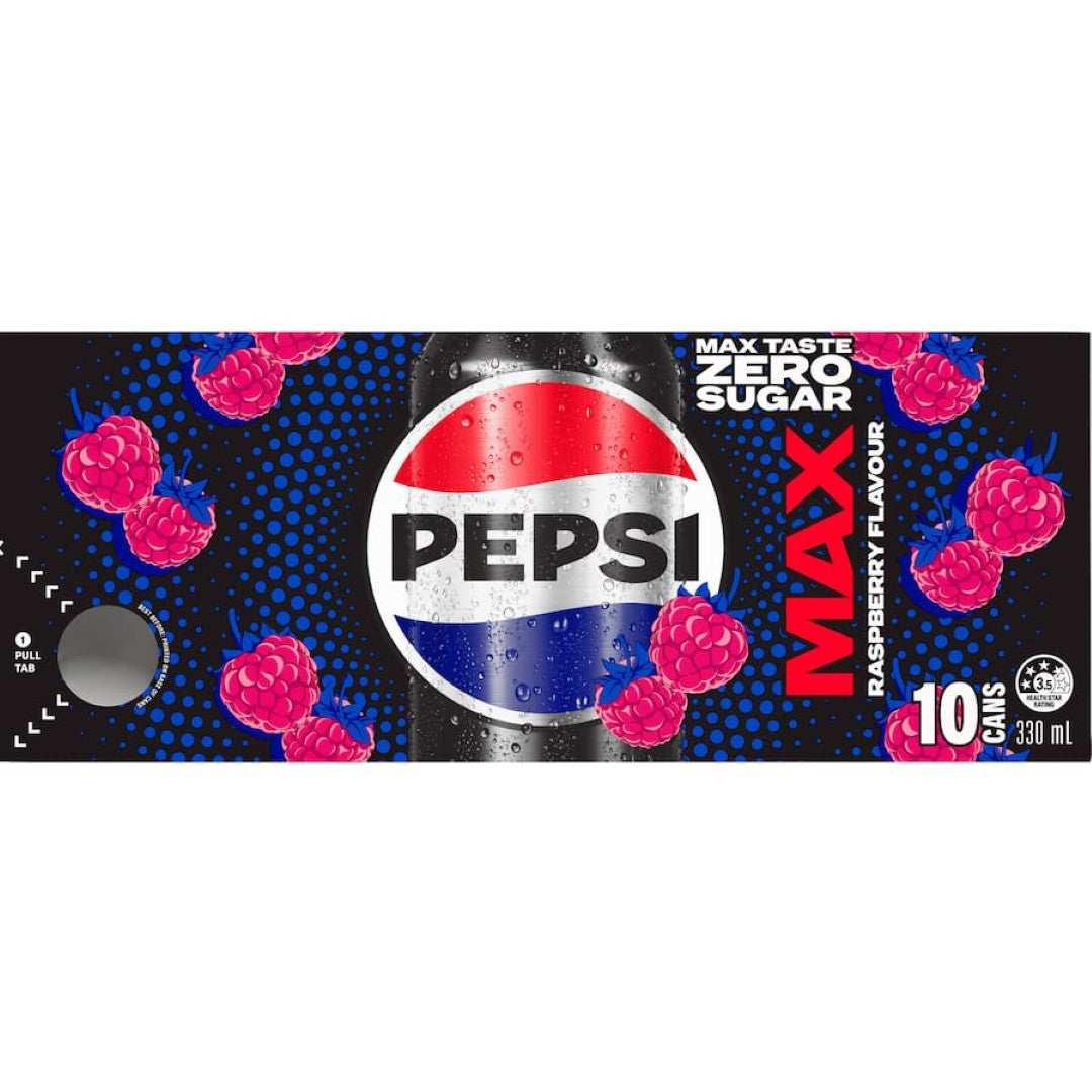 Pepsi Max Raspberry Soft Drink, a sugar-free beverage with refreshing raspberry flavor and zero calories, perfect for any occasion.