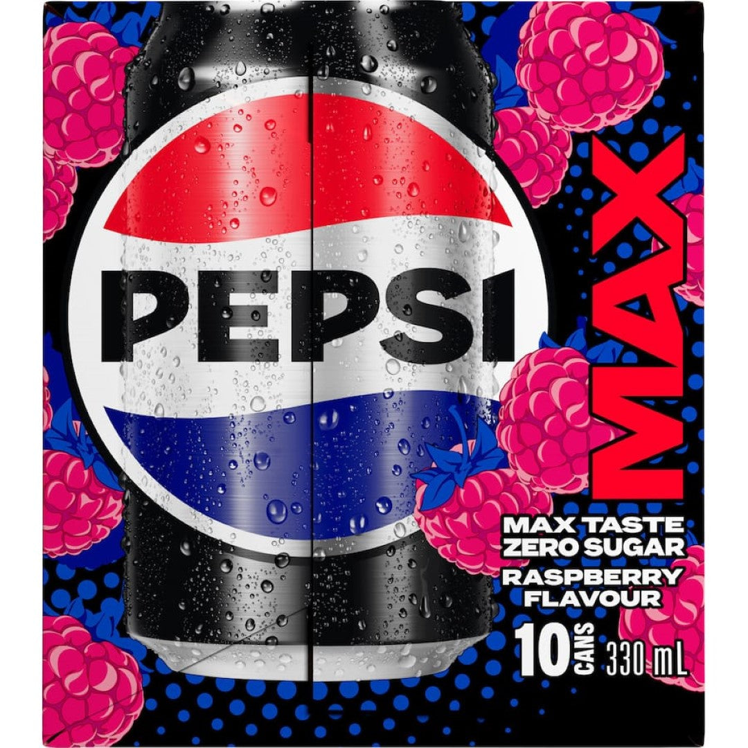 Pepsi Max Raspberry soft drink, sugar-free with bold raspberry flavor and classic Pepsi fizz, perfect for any occasion.