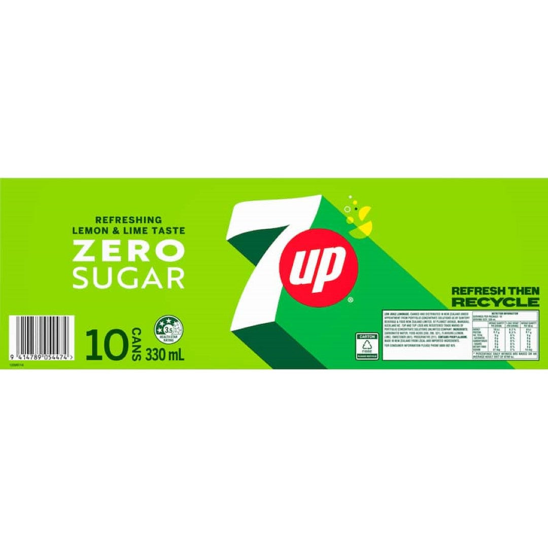 7UP Soft Drink Zero Sugar in a refreshing can, featuring citrus flavors without added sugar for a guilt-free thirst quencher.