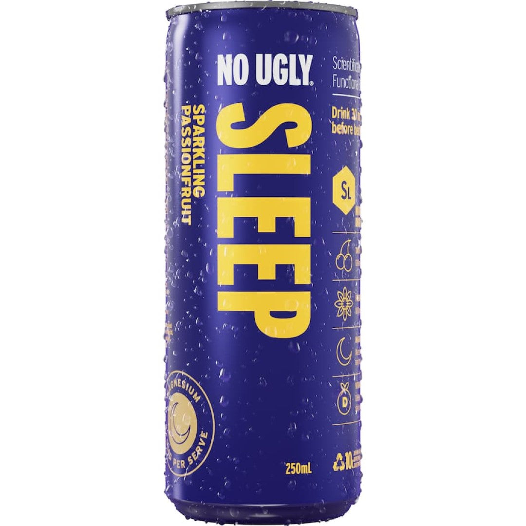 No Ugly Fruit Drink Sleep - Sparkling Passionfruit, a bubbly beverage that promotes hydration and restful sleep with vibrant flavors.