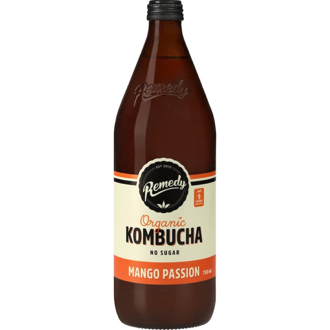 Remedy Kombucha Mango Passionfruit: a sugar-free, tropical drink bursting with sweet, tangy flavors and probiotics.